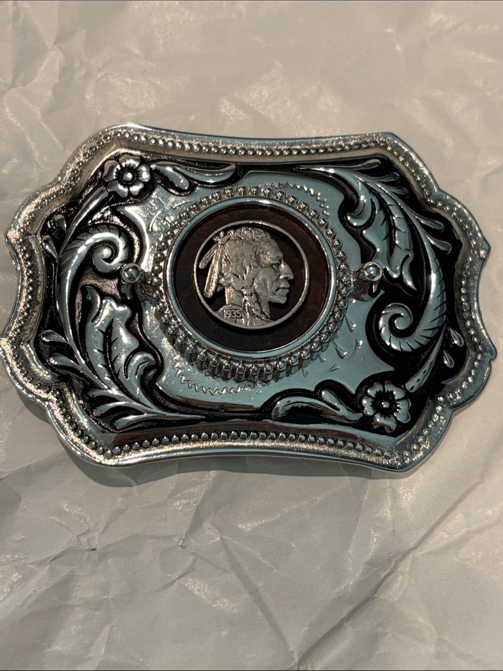 Western 1935 Indian Head Nickel Floral Belt Buckle in Silver & Black